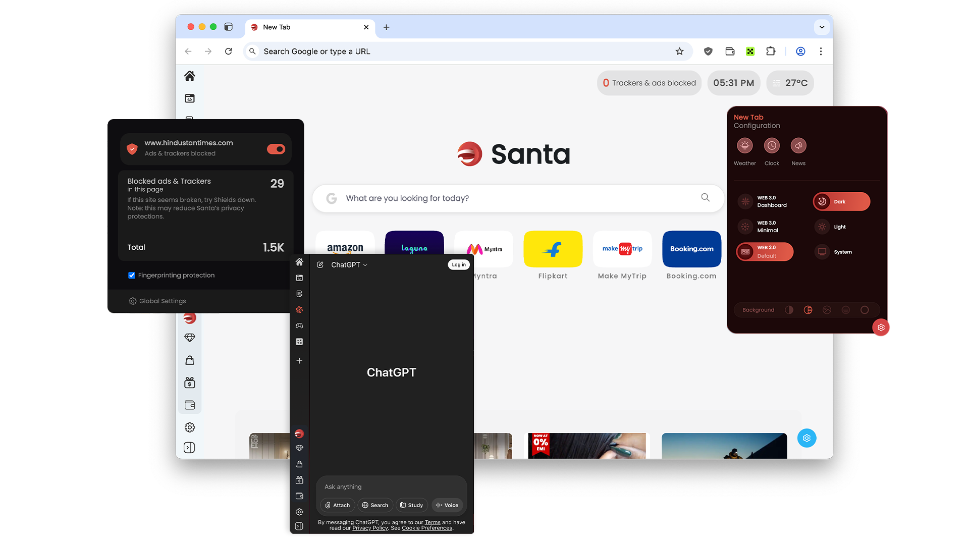 A depiction of Santa Browser's toolset in the Santa sidebar and the top navigation bar.